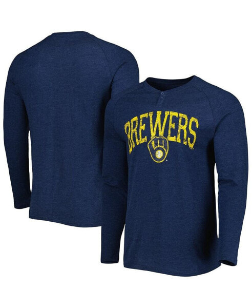 Men's Heather Navy Milwaukee Brewers Inertia Raglan Long Sleeve Henley T-shirt