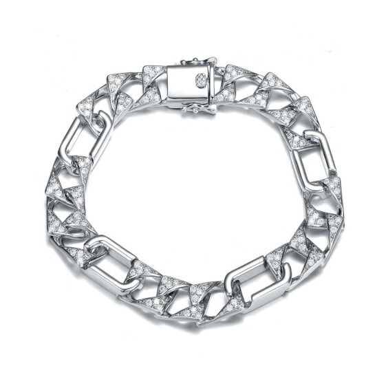 Men's Sterling Silver White Gold Plated with Iced Out Cubic Zirconia Mixed Cuban Chain Bracelet