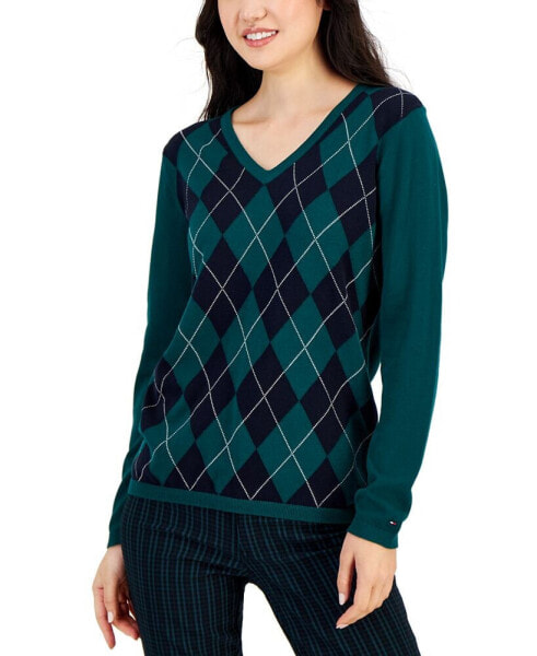 Women's Cotton Argyle V-Neck Sweater