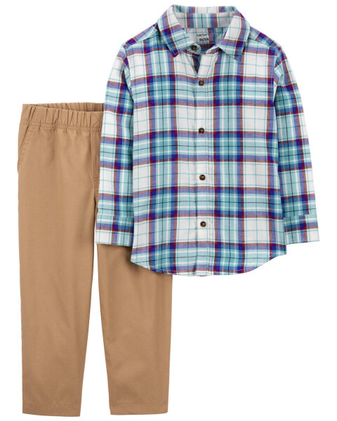 Toddler 2-Piece Plaid Button-Front Shirt & Canvas Pant Set 3T