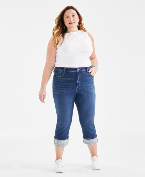 Plus Size High-Rise Cuffed Capri Jeans, Created for Macy's