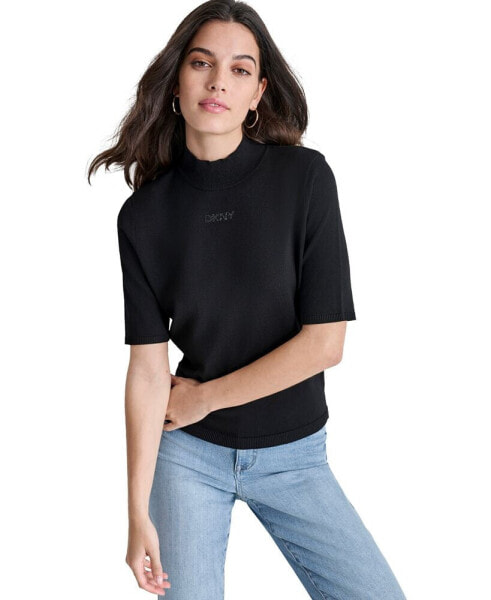 Petite Mock-Neck Embellished-Logo Sweater