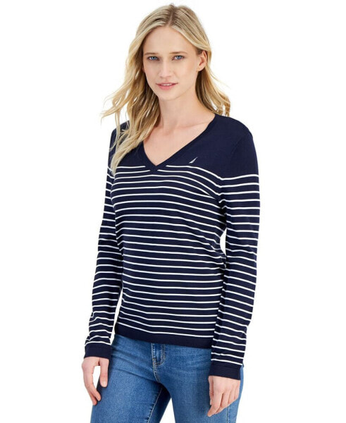 Women's Sailor-Stripe V-Neck Sweater
