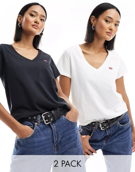 Levi's 2 pack v neck t-shirts with small logo in white black