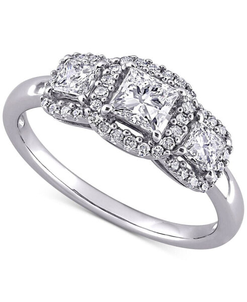 Diamond Princess Halo Three Stone Engagement Ring (1 ct. t.w.) in 14k White Gold
