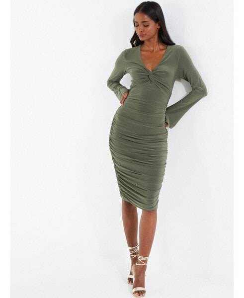 Women's Green Knot Front Bodycon Dress