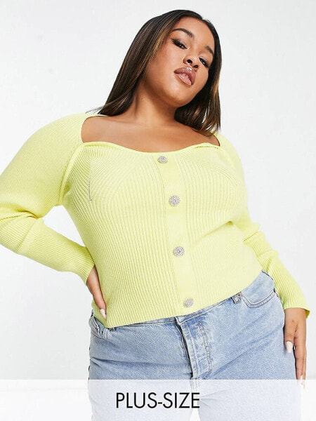 Urban Bliss Plus sweetheart neckline knitted top with button detail in yellow