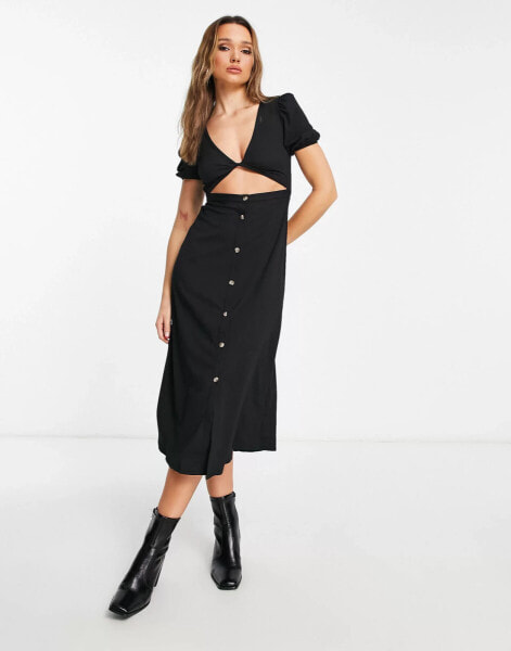 ASOS DESIGN short sleeve midi tea dress with twist front and buttons in black