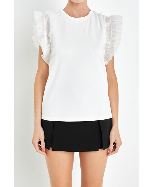 Women's Tulle Ruffle Knit Top