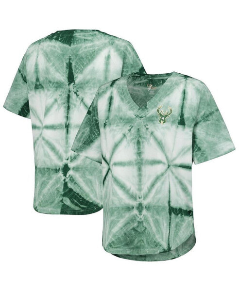 Women's Hunter Green Milwaukee Bucks Tournament Raglan Oversized Tie-Dye V-Neck T-shirt