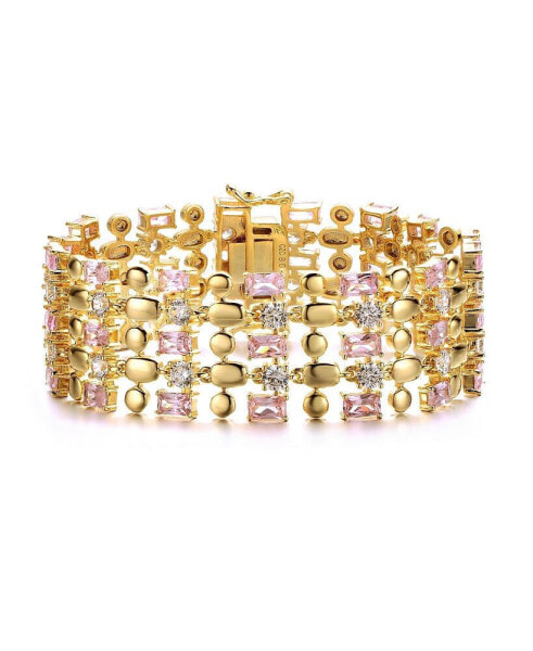 Exquisite 14K Gold-Plated Pink Morganite & Cubic Zirconia Geometric Mesh Link Bracelet