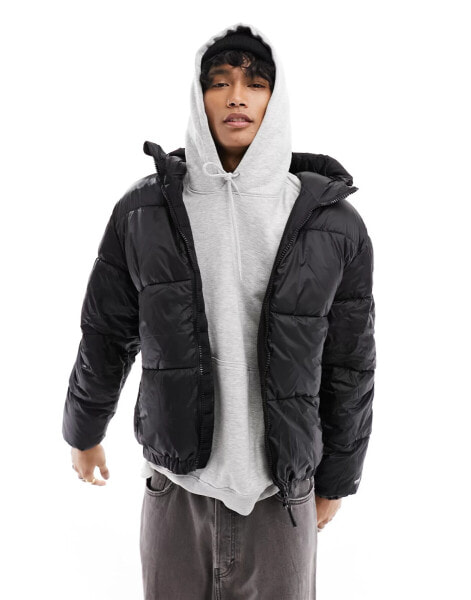 Pull&Bear puffer jacket with hood in black