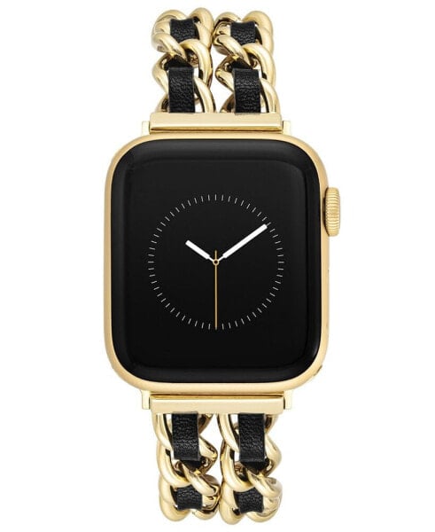 Women's Gold-Tone Alloy Double Chain and Black Faux Leather Bracelet Compatible with 42/44/45/Ultra/Ultra 2 Apple Watch