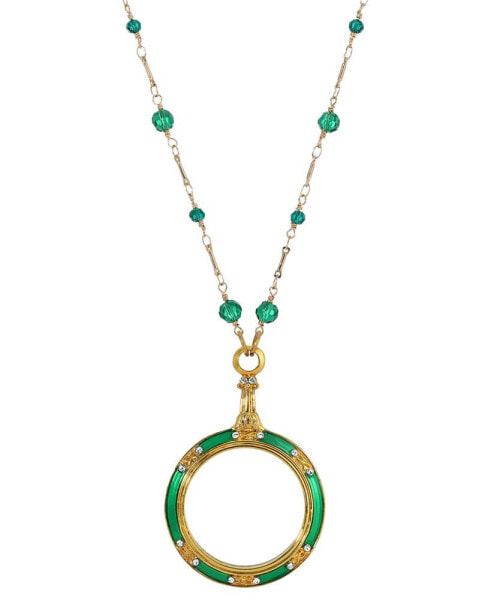 2028 14k Gold-Plated Green Enamel Magnifier with Glass Beads Necklace