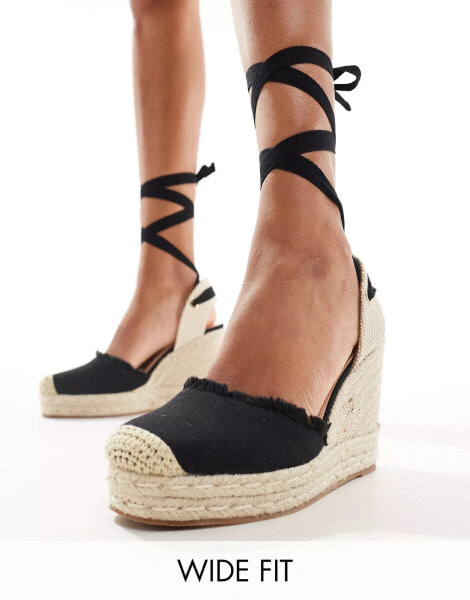 Truffle Collection wide fit jute wedge strappy espadrille in black