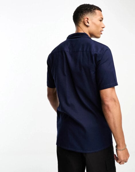 Threadbare Tall linen blend revere shirt in navy