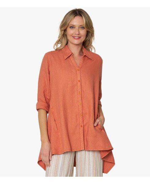 Women's Linen Long Sleeve Collared V-Neck True Form Shirt