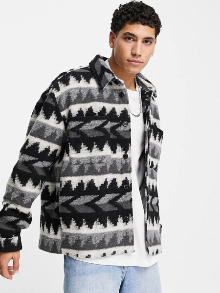 ASOS DESIGN longline wool blend harrington jacket in aztec print