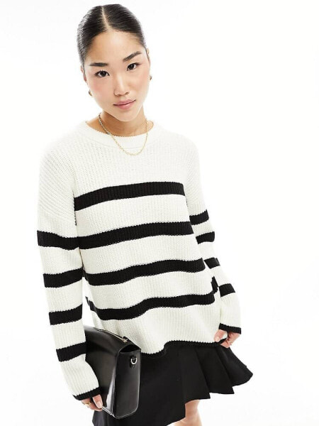 Selected Femme loose fit knitted jumper in cream with black stripes