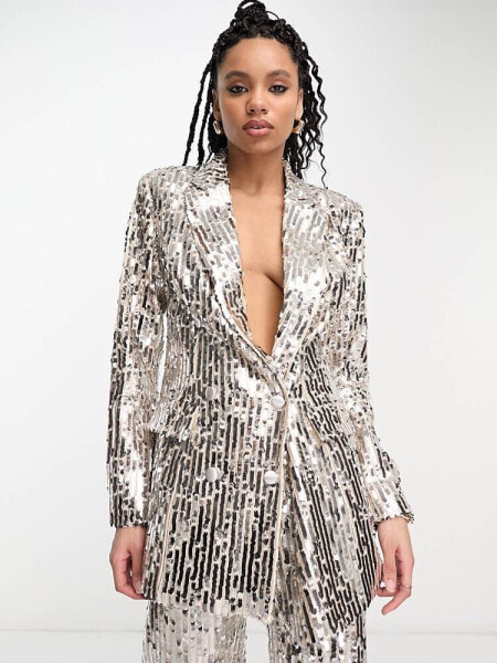 ASOS DESIGN sequin slim double breasted suit blazer in silver