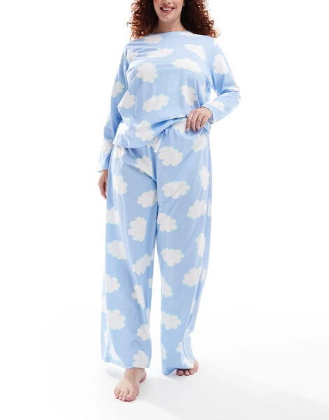 ASOS DESIGN Curve cloud long sleeve top & trouser pyjama set in blue