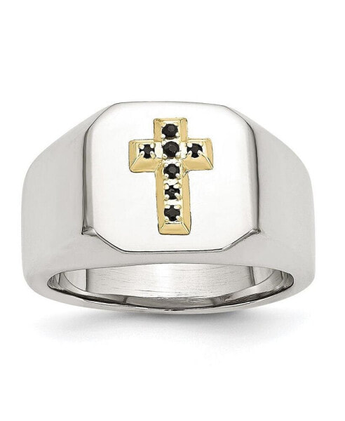 Stainless Steel 14k Gold Accent Sapphire Cross Signet Ring