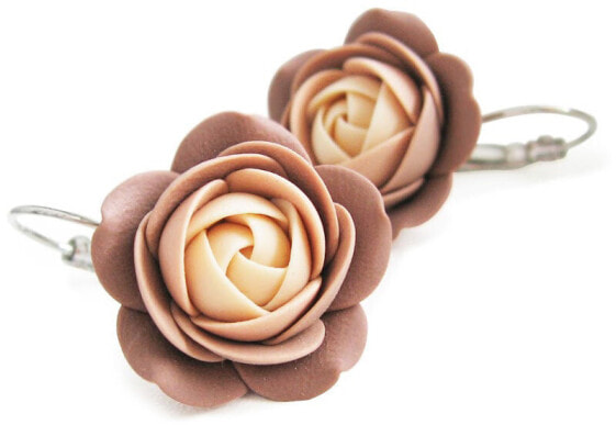 Brown-apricot flowers hanging earrings