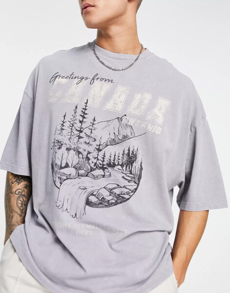 Футболка ASOS DESIGN Oversize-T-Shirt с принтом "Канада" на передней части, серого цвета