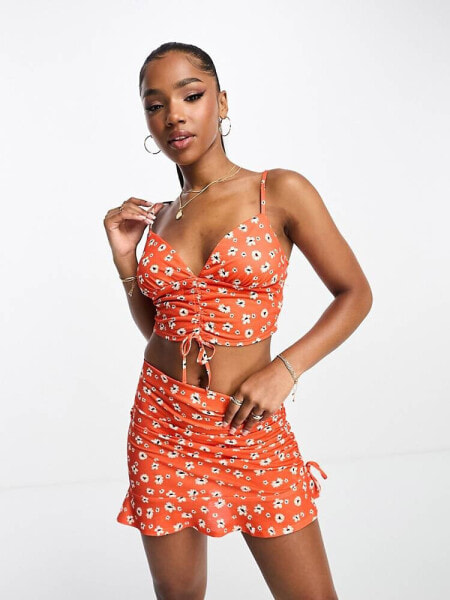 ASOS DESIGN co-ord cami crop top with front ruching in orange red floral