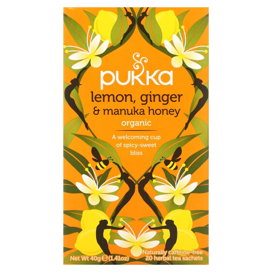 Pukka Herbs, Органический травяной чай, лимонный имбирь и мед манука, без кофеина, 20 пакетиков, 40 г (1,41 унции)