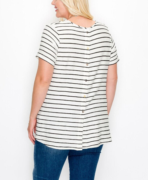 Plus Size Pointelle Stripe Button Back Top