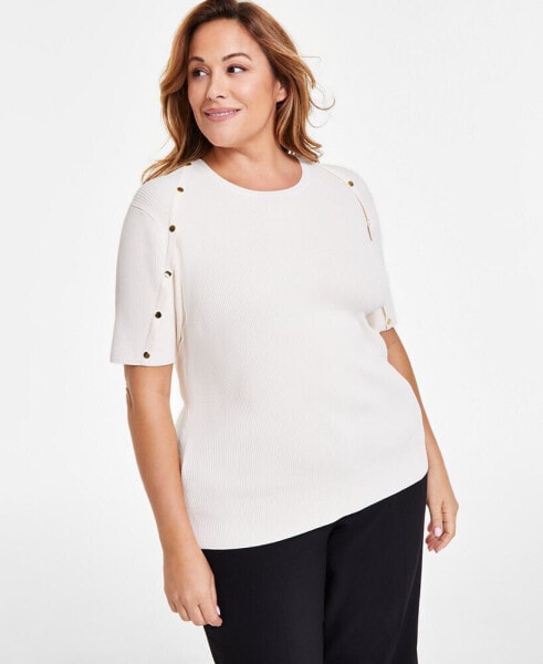 Plus Size Button-Trim Ribbed Short-Sleeve Top