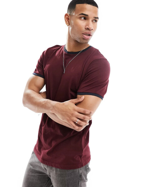 Brave Soul ribbed ringer t-shirt in burgundy & navy