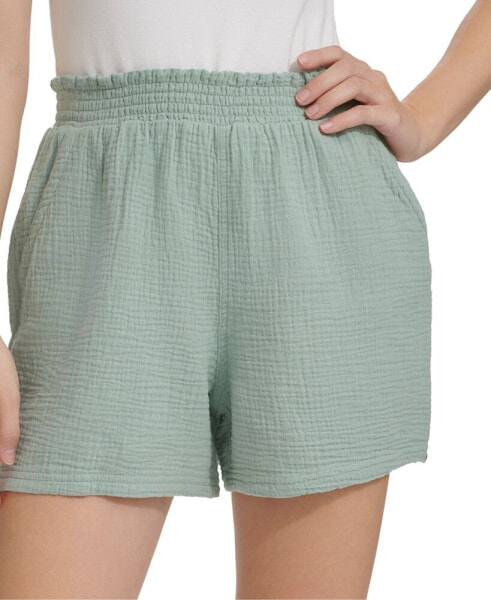 Women's Smocked-Waist Double-Crepe Pull-On Cotton Shorts