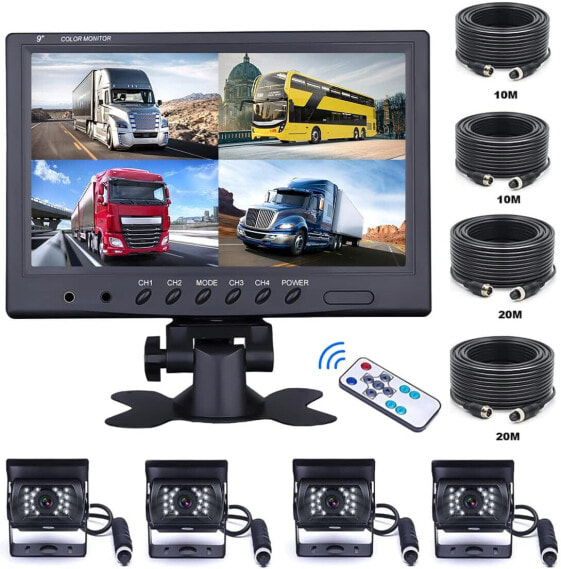 OiLiehu 9 Inch Car Rear Camera Set with 4 Split Monitor Front View View, 4 x Wired Car Camera 18 IR Night Vision with 2 x 10 m and 2 x 20 m Cables for Trucks, Motorhomes, Trailers, Bus