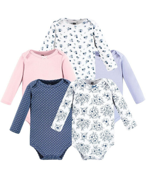 Baby Girls Cotton Long-Sleeve Bodysuits, Blue Toile 5-Pack