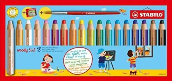 Цветные карандаши для рисования STABILO Woody 3в1 18 цветовых оттенков + точилка