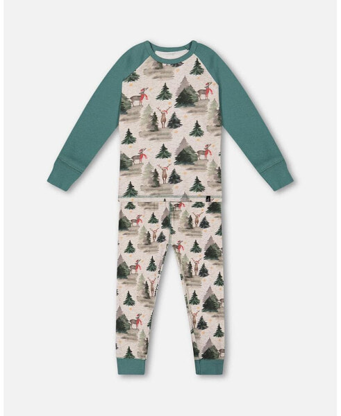 Baby Boys Baby Organic Cotton Two Piece Pajama Set Gray Mix And Green Printed Reindeer