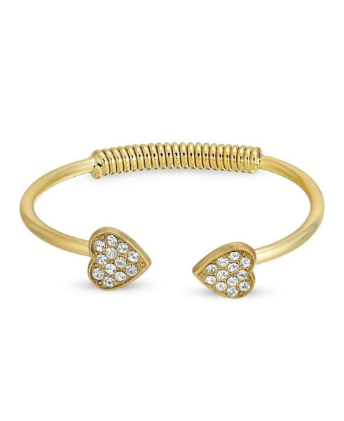 14K Gold-Dipped Pave Crystal Heart Coil Spring C-Cuff Bracelet