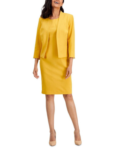 Crepe Open Front Jacket & Crewneck Sheath Dress Suit, Regular and Petite Sizes