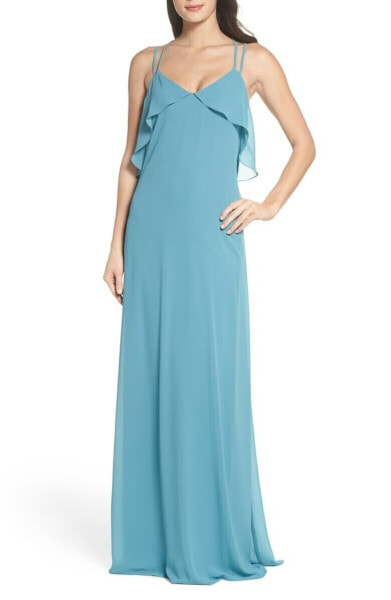 NOUVELLE AMSALE 155867 Women's Avery Strappy Ruffle V-Neck Gown Teal Sz. Small