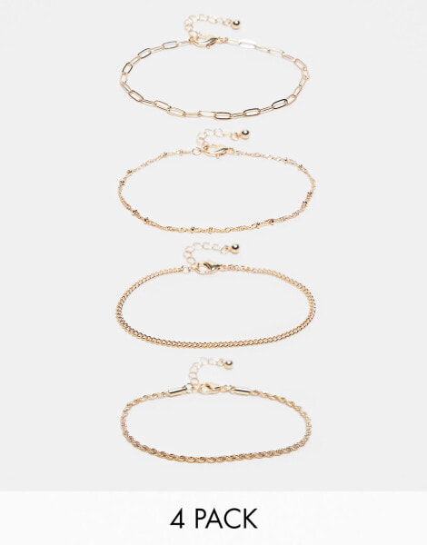 ASOS DESIGN Curve pack of 4 fine chain bracelets in gold tone