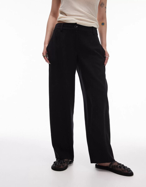 Topshop Petite low slung linen button trouser in black