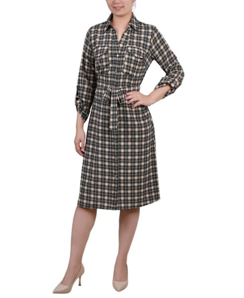 Petite Printed Long Sleeve Roll Tab Shirtdress