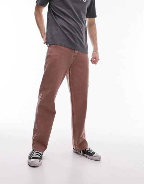 Topman cotton twill loose trousers in brown