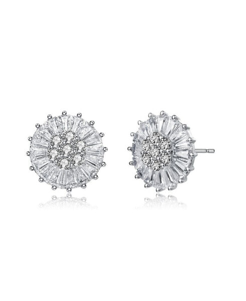 Sterling Silver with White Gold Plated Round and Baguette Cubic Zirconia Stud Earrings