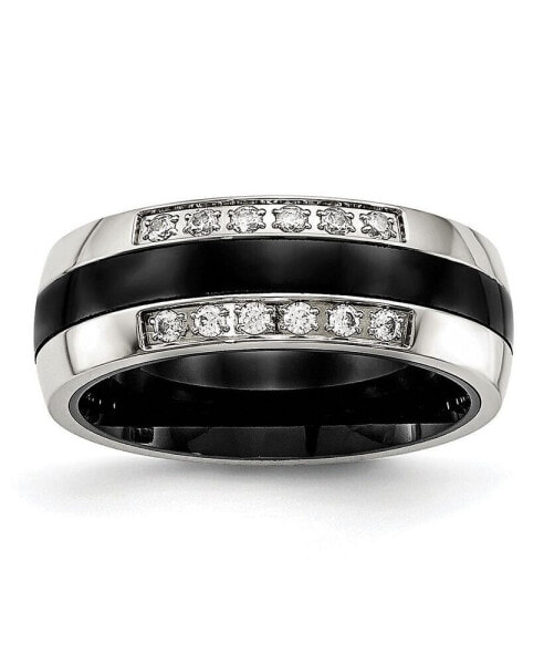Stainless Steel Polished with Black Ceramic and CZ Ring