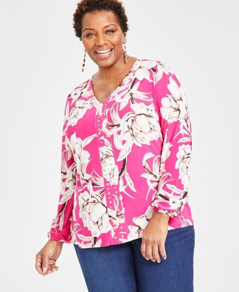 Plus Size Printed Studded Blouson-Sleeve Top, Created for Macy's