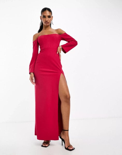 ASOS DESIGN bardot long sleeve maxi dress with corset detail in pink