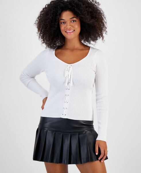 Women's Lace-Up Ribbed Sweater, Created for Macy's